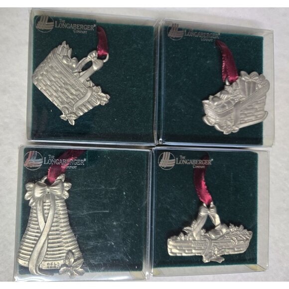 Longaberger Pewter Basket Ornament Set Of 4 With Red Ribbon In Original Box - Picture 2 of 16